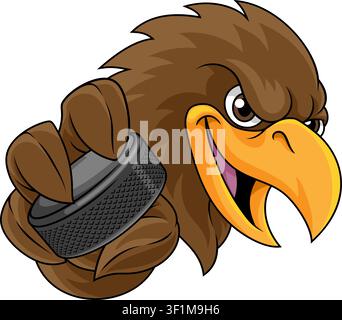 An eagle, falcon, hawk, osprey or other bird of prey ice hockey sports team mascot cartoon character holding an ice hockey puck. Stock Vector
