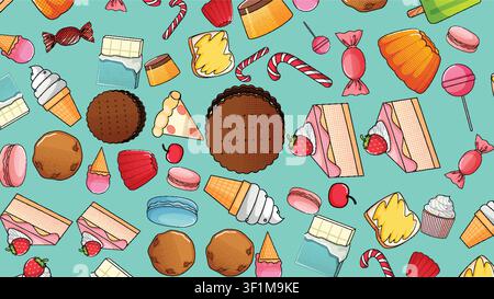 Vibrant vector pattern with ice cream, cake, and candy in a retro comic style. Stock Vector