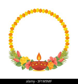 Diwali circular wreath vector frame. Round border of orange and yellow marigold garland decorated with burning clay diya, roses and hibiscus flowers. Elegant holiday design on white background. Stock Vector