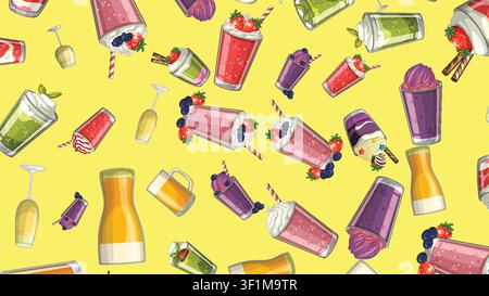 Colorful flat vector illustration of various fruit beverages and desserts in a seamless pattern. Stock Vector