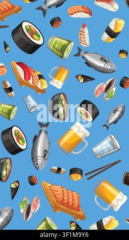 Seamless vector pattern of assorted sushi, sashimi, and drinks on a vibrant blue background. Stock Vector