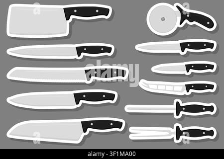 Illustration on theme big colored set different types knife different size for butcher, kit knife pattern consisting of collection accessory to butche Stock Vector
