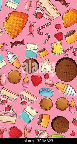 Vibrant vector illustration of assorted candies, cakes, and ice cream on a pink background. Stock Vector