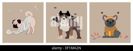 Cute Halloween dogs in costumes: mummy pug, bat bulldog and French bulldog dressed as a bee on a beige background. Stock Vector