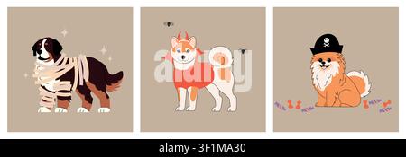 Cute Halloween dogs in costumes: mummy Bernese mountain dog, devil Shiba Inu and pirate Pomeranian on beige background. Stock Vector