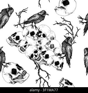 Gothic seamless pattern vector illustration with crowd of human skulls, black ravens, dry spooky branches. Mystical Halloween background in graphic Stock Vector