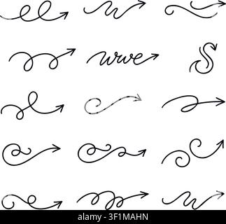 Hand drawn swirly arrow set scribble line art vector illustration on white Stock Vector