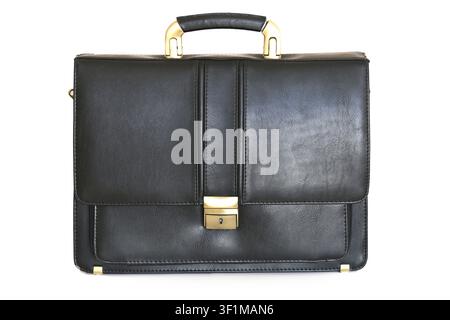 Elegant and classic black leather briefcase with prominent gold-tone hardware, including a sturdy handle and secure clasp, presented on a clean white Stock Photo