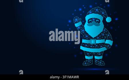 Neon low poly wireframe santa claus waving hand on dark blue background. Stock Vector
