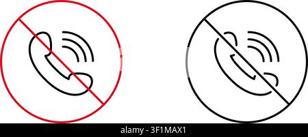 No Phone Call Prohibition Line Icon Set. Communication Restriction And Silent Mode Outline Symbol Collection. Mobile Etiquette And Privacy. Editable Stock Vector