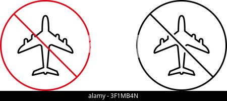Airplane Prohibition Line Icon Set. No Flying, Restricted Airspace, And Flight Ban Outline Symbol Collection. Aviation Safety And Security. Editable Stock Vector