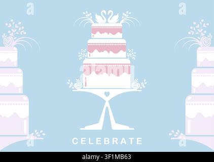 Three tiered celebratory wedding cake, swans in love, symbolizing sweet beginnings. Suitable for bakeries, dessert menus, and reception planning. Stock Vector