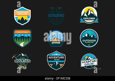 Mountain explorer and outdoor adventure vintage badge collection. Mountain peak, forest trails, and hiking gear vector set. Stock Vector