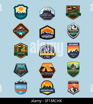 Outdoor adventure and forest camping geometric badge collection. Mountain peak, tent emblem, and campfire sticker vector set. Stock Vector