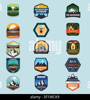 Outdoor adventure and forest camping vintage badge collection. Mountain peak, lantern, and grizzly bear vector set. Stock Vector