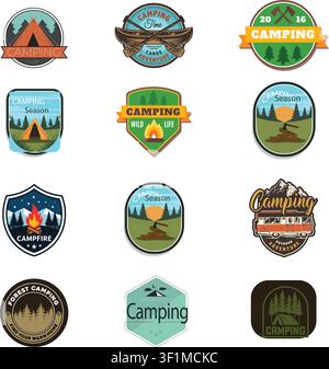 Forest camping and outdoor adventure vintage badge collection. Tent, campfire, and tourist bus graphics vector set. Stock Vector