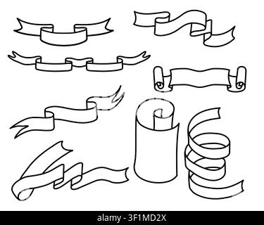 Scrolls and rolls of paper, black and white sketch. Vector illustration. A simple linear drawing of a papyrus or manuscript, isolated on a white Stock Vector