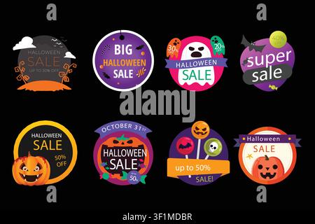 Halloween sale badge and label collection vector set. Spooky ghost, pumpkin lantern, and up to 50 percent off promo sticker graphics layout on black b Stock Vector