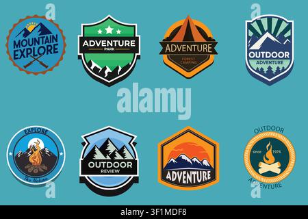Mountain explore and outdoor adventure vintage badge collection. Forest camping, campfire emblem layout set on blue background. Stock Vector