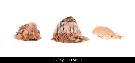 Melted chocolate ice cream isolated, real melting cocoa icecream drops, chocolate ice stain puddle on white background Stock Photo