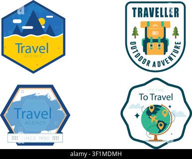 Travel agency and outdoor adventure vintage badge collection. Globe, backpack, and mountain sticker graphics template vector set. Stock Vector