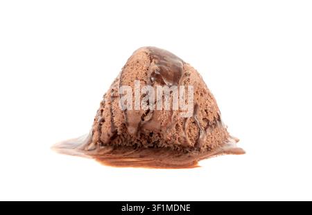 Melted chocolate ice cream isolated, real melting cocoa icecream drops, chocolate ice stain puddle on white background Stock Photo