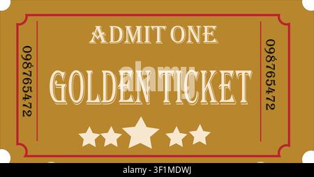 Admit one golden ticket vector template. Vintage luxury entry pass coupon layout with gold serial numbers and star details. Stock Vector