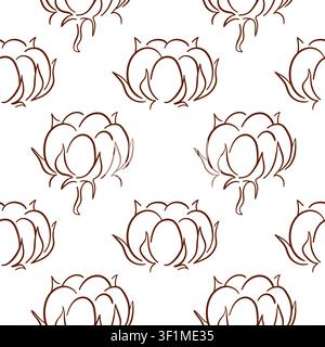 Seamless pattern with line art style cotton plant flower. Elegant organic floral background. Outline botanical nature element. illustration for Stock Vector