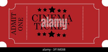 Red cinema ticket vector template. Vintage movie admit one coupon layout with black text and star details for event entry pass. Stock Vector