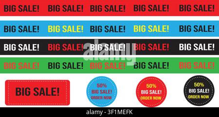 Big sale banner and colorful badge vector template set. Red, blue, black, green promotion stripe ribbons and 50 off retail stickers. Stock Vector