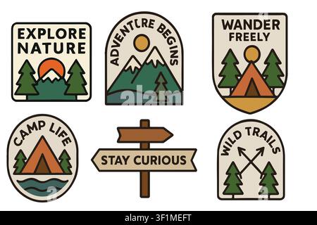 Adventure and camping vintage badge set vector illustration. Explore nature, wild trails, camp life emblem graphic templates. Stock Vector