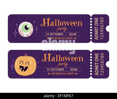 Halloween party ticket template set with pumpkin and eyeball admit one invitation card vector illustration Stock Vector