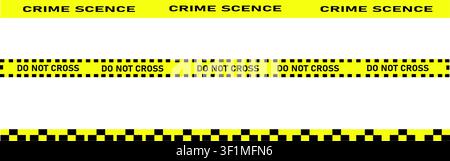 Yellow police warning tapes set featuring crime scene, do not cross, and checkered hazard patterns isolated on a white background. Stock Vector