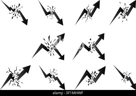 Abstract broken arrow icons set lightning crack vector symbols shattered direction arrows dynamic growth decline finance trend graphic design elements Stock Vector