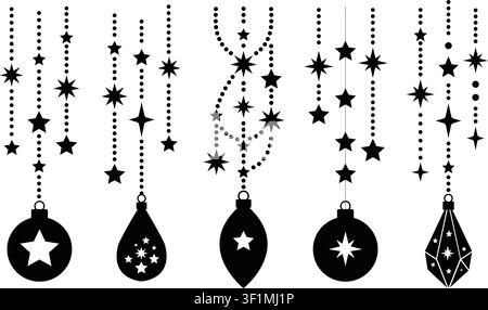 Black Christmas hanging bauble ornaments with star garlands, dotted strings, festive silhouette decorations, holiday vector clipart, elegant winter Stock Vector