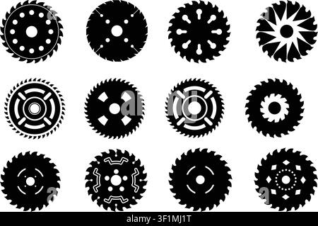 Black Circular Saw Blade Vector Silhouette Set, Industrial Cutting Disc Icons for Woodworking, Carpentry, Metalwork, Workshop Tools, CNC Design Laser Stock Vector