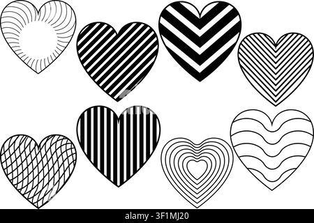 Black and White Heart Pattern Coloring Page with Striped Love Shapes, Geometric Doodle Hearts, Printable Valentine Line Art for Kids and Adults eps Stock Vector