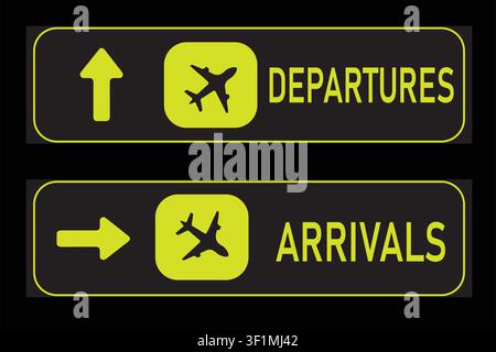 Airport departures and arrivals yellow direction signs with arrows and airplane icons on a dark background. Stock Vector