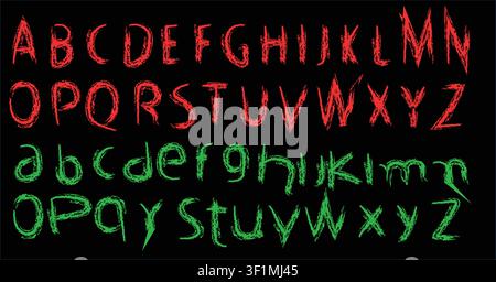 Scary red and green horror alphabet vector set with spooky hand-drawn scratchy font letters isolated on a black background. Stock Vector