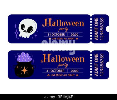 Halloween party ticket template set with skull and witch cauldron admit one invitation coupon vector illustration Stock Vector