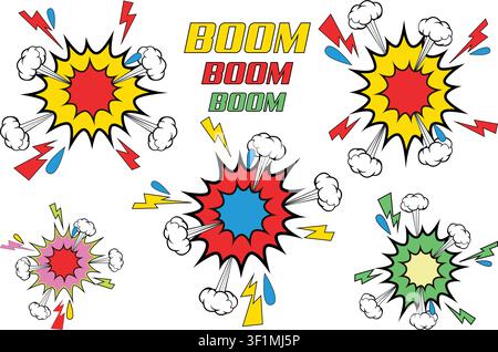 Colorful Comic Boom Explosion Clipart Set with Pop Art Bursts, Lightning, Smoke Clouds, Cartoon Action Effects Speech Graphics, Dynamic Impact Element Stock Vector
