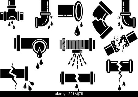 Black plumbing pipe leak icons set with broken pipes, dripping water, sewer fittings, faucet damage, repair symbols, drainage system silhouette vector Stock Vector