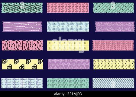 Colorful Washi Tape Strip Set Vector Pastel Pattern Collection Decorative Scrapbook Sticker Doodle Design Element Abstract Geometric Line Art Craft Stock Vector