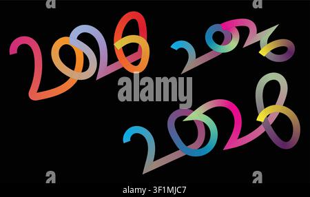 Colorful 2020 New Year ribbon text set with vibrant gradient typography and continuous lines on a black background. Stock Vector