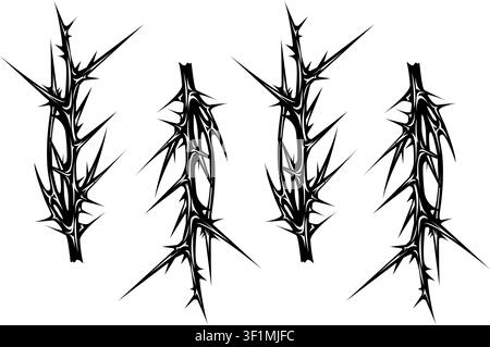Sharp black tribal thorn tattoo vector design set featuring aggressive spiked abstract branches, gothic barbed patterns, edgy flash art, stencil art Stock Vector
