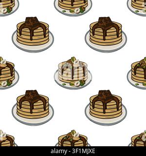 Seamless pattern vector of stacked pancakes with chocolate syrup and nuts Stock Vector