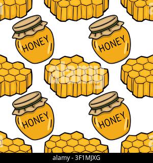 Seamless honey vector pattern with golden honeycomb and glass jars Stock Vector