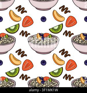 Seamless vector pattern with breakfast oatmeal bowls, fresh strawberry slices, kiwi, peach, and blueberries Stock Vector