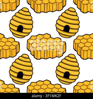 Seamless vector pattern with cartoon beehives and honeycomb structures on a white background Stock Vector