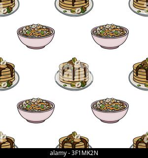 Seamless vector pattern with delicious breakfast pancakes and oatmeal bowls with nuts and chocolate syrup Stock Vector